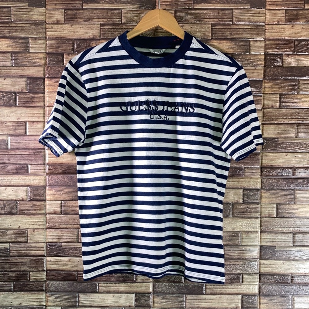 EUC Guess Jeans Shirt Mens  Asap Rocky Blue White Stripe USA Navy Hip Hop Small